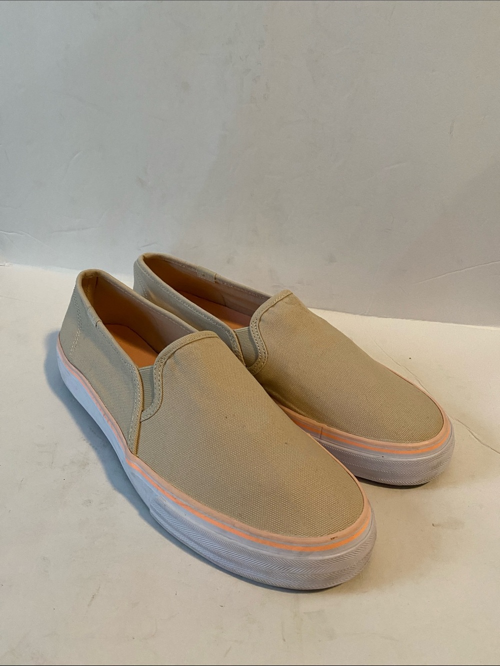Keds Beige Double Decker Canvas Slip-On Loafers with Pink Trim